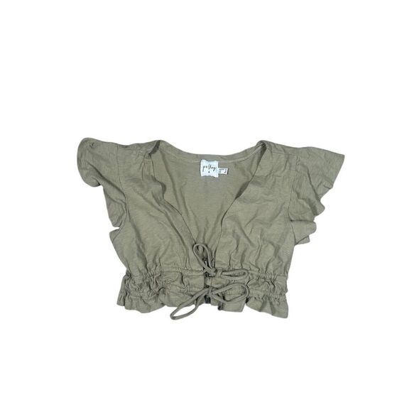 princess polly jamison reid crop top khaki green tie front plunge neck ruffle 8 - Picture 4 of 10